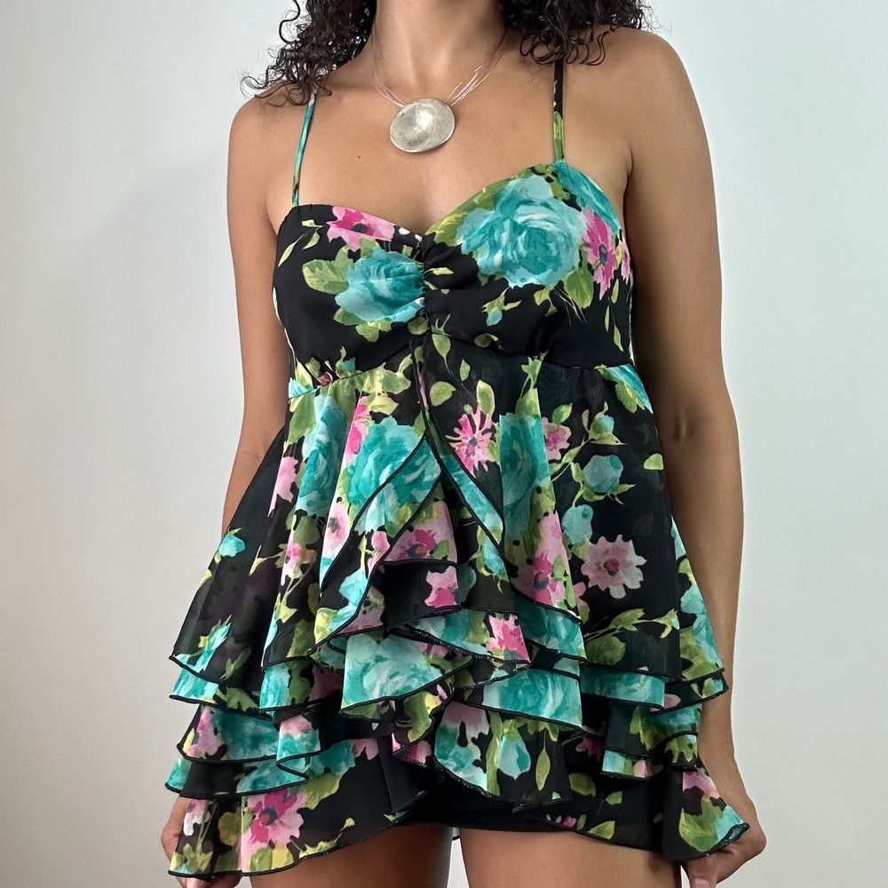 Grass Collection Floral Ruffle Cami Top Black Pink Blue Women's Size M - Picture 4 of 4